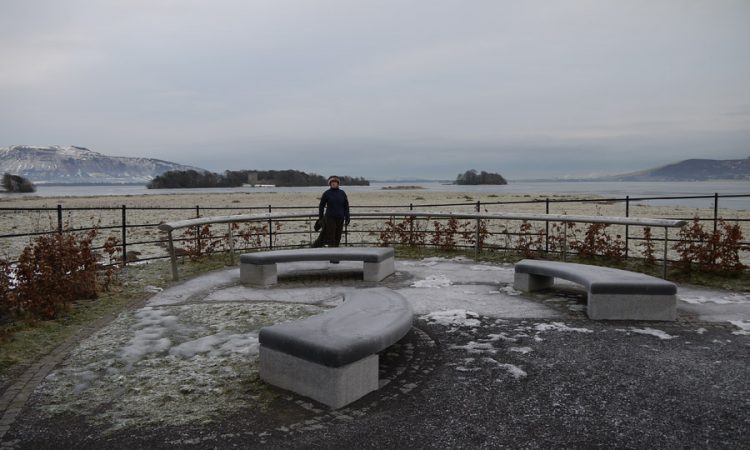 Frozen oval viewpoint sign at Loch Leven