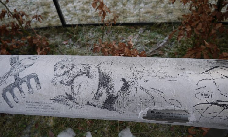 Frozen oval viewpoint sign at Loch Leven