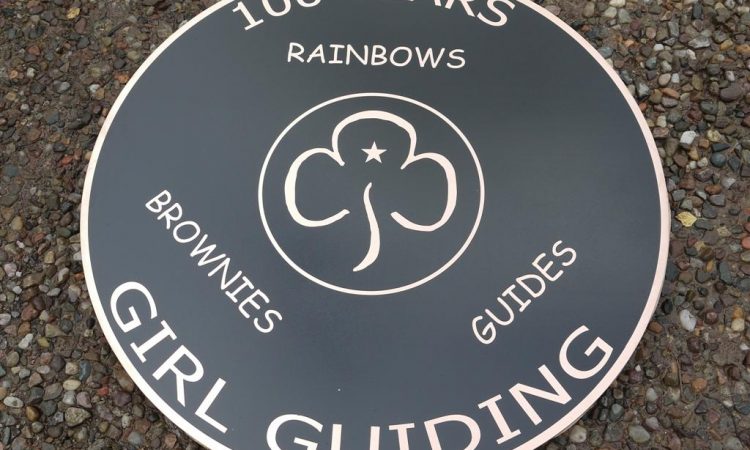 Bronze reverse engraved, and backfilled black. 3 mm thick x 75 cm in diamater with studs and template on the rear